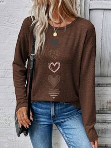 EMERY ROSE Áo thun nữ tay dài cổ tròn trễ vai in hình trái tim, áo thun họa tiết mùa thu cho nữ mùa xuân - xanh quân đội - Xem 5