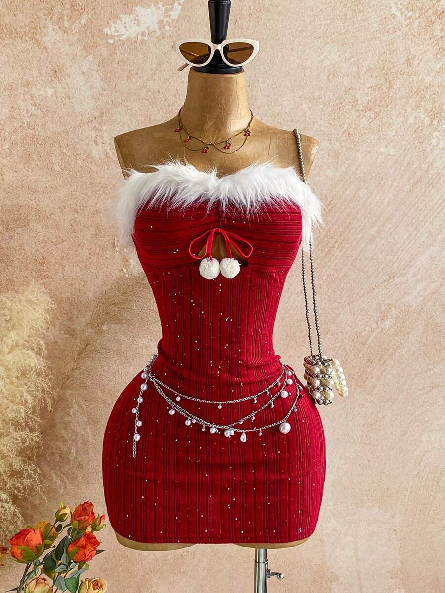 Soleia 女士性感优雅节日连衣裙，闪光条纹纹理针织面料，毛茸茸的拼接，露肩胸部镂空褶饰，雪花毛绒球装饰，紧身迷你连衣裙，适合派对、晚会、性感约会、海滩度假、假日、下午茶、海滩、游轮、城市旅行、波西米亚风度假、音乐节，可内外穿着 - 酒紅色 - 查看 1