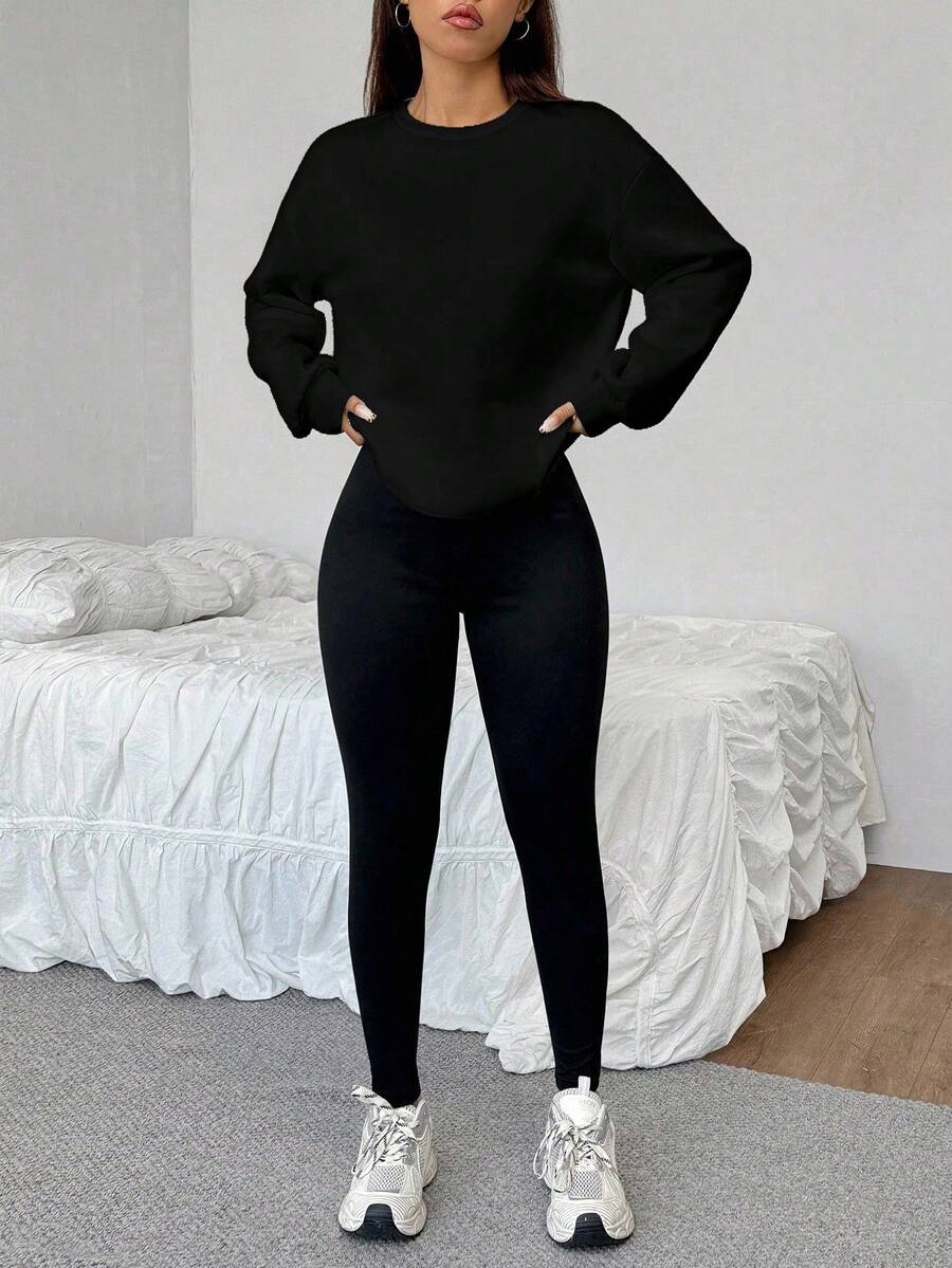 SHEIN EZwear 2 件套黑色休闲宽松圆领运动衫和紧身打底裤，秋冬 - 黑色 - 查看 1