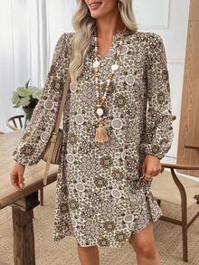 EMERY ROSE 女式休闲全印花缺口领长袖中长连衣裙，秋季 - 彩色 - 查看 7