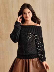 SHEIN 青少年女孩露肩串珠麻花针织修身长袖毛衣，简约百搭，适合室内穿着，适合冬季 - 黑色 - 查看 3