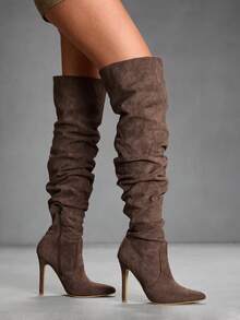 CUCCOO SZL Women's Slim Heel High Heel Deep Brown Autumn/Winter Boots, Sexy Party/Dance Boots, Wide Leg Boots, Pleated Boots, Thigh High Boots, Suede For Christmas Valentine's Day - Coffee Brown - View 5