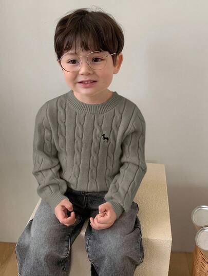 DAZY Toddler Boys' Crew Neck Cable Knit Twist Cartoon Embroidery Solid Color Sweater