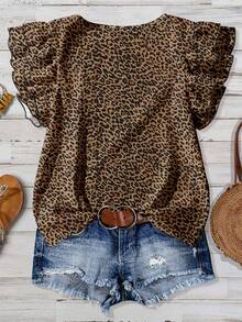 EMERY ROSE 休闲简约风格深棕色豹纹全图案女式荷叶边袖衬衫，适合秋冬，复古风格，百搭 - 彩色 - 查看 2