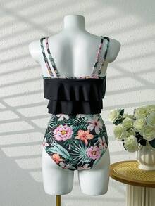 Swim Lushoire 女士热带植物印花两件套泳衣，修身显瘦，适合海滩、水疗中心和度假村 - 彩色 - 查看 7