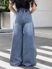 SHEIN Tween 女童高腰口袋阔腿宽松休闲百搭牛仔裤，秋冬 - 中等水洗藍 - 查看 3