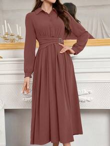 Modelyn 简约前扣系带领长袖端庄连衣裙长款晚礼服 - 粉色 - 查看 4