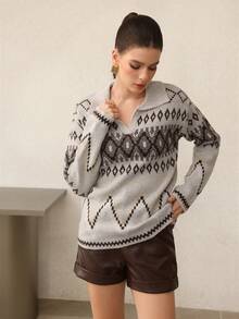 Mulvari Women's Casual Vacation Style Fair Isle Pattern V-Neck Loose Pullover Sweater, Autumn/Winter - Multicolor - View 3