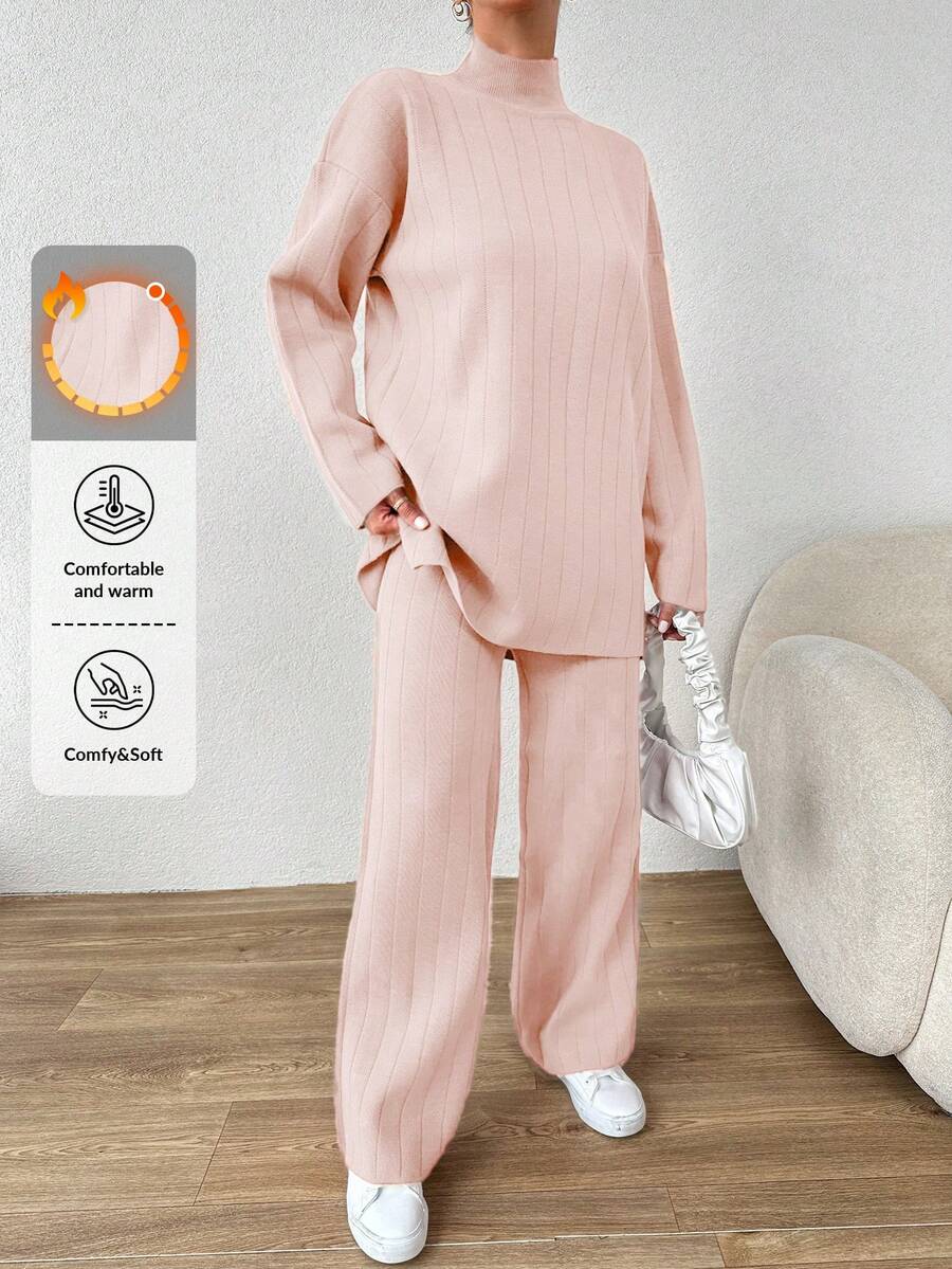 Cloudara 2 Piezas Conjunto De Suéter Y Pantalones Con Cuello Alto De Color Liso - Rosa - Ver 1
