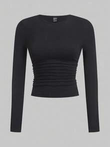 SHEIN EZwear 4pcs Women's Casual, Versatile, All-Match Solid Color Long Sleeve Tight Fit Knit T-Shirts, Suitable For Spring & Autumn Daily Wear Basics Tops Women 3 Packs Tops Tight Fitted Tops Long Sleeve Crop Tops Women Long Sleeve Tops,Fall,Fall Clothes For Women Women Long Sleeve Tops - Dark Grey - View 6