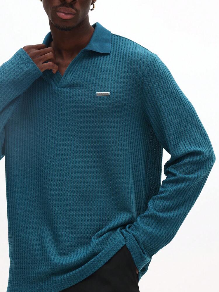 Long Sleeve Waffle Knit Polo Shirt