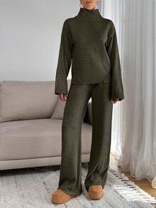 SHEIN Tall Women Relaxed Fit Turtle-Neck Sweater With Rib Knit Detailed And Straight Knit Pant Set - Army Green - View 6