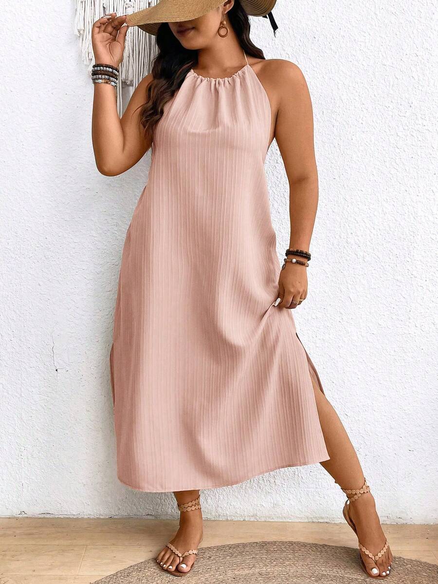 SHEIN Frenchy 大码女式露背挂脖系带开叉海滩度假夏威夷连衣裙