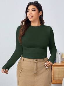Solflare Camiseta de punto ajustada de talla grande, verde oliva - Verde Oscuro - Ver 6