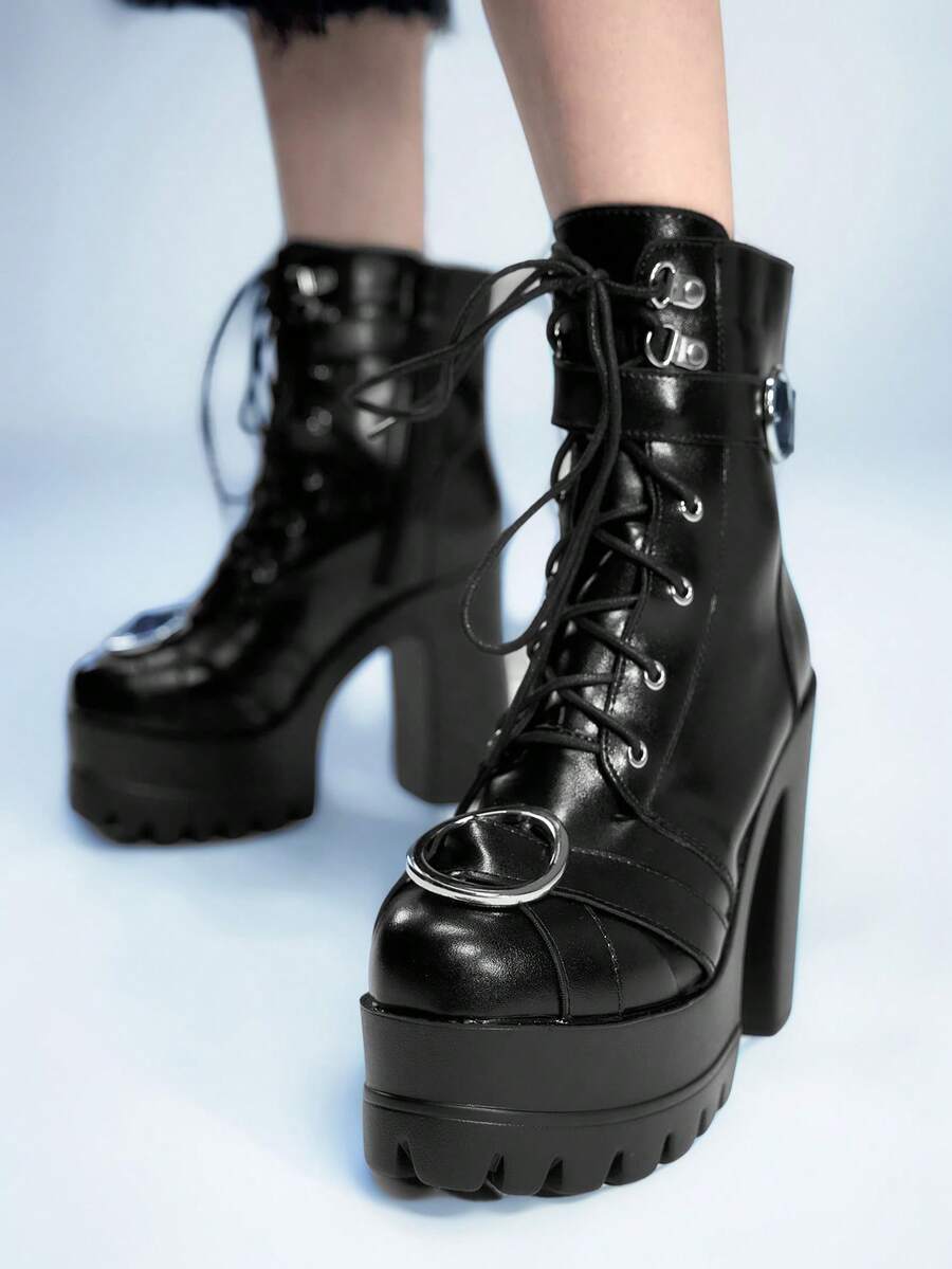 Sugerpunk 女式哥特式金属扣圆头厚底粗跟朋克靴，PU 黑色高跟靴，适合派对、日常穿着、晚礼服，增高修腿 - 黑色 - 查看 1