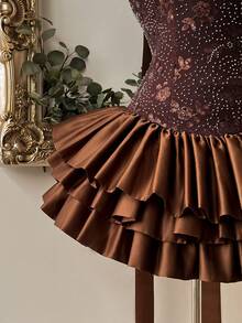 Lovelzi Váy hở vai cổ tim đính đá Rhinestone trang trí eo thắt eo nhiều tầng xếp nếp phong cách vũ công ballet Millennium sang trọng thanh lịch, thích hợp cho đám cưới, dạ hội, tiệc tối, sinh nhật, trở lại trường, trà chiều, triển lãm, sự kiện kinh doanh và các dịp khác - màu nâu - Xem 7