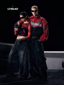 NEON BLANC X LYSMO COLLAB Áo khoác dài tay in chữ màu tương phản dành cho nam, Đồ đôi - Đỏ - Xem 1