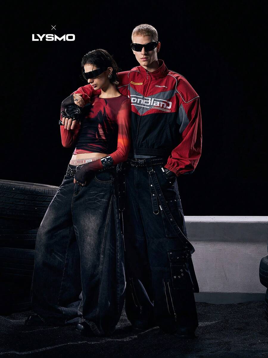 NEON BLANC X LYSMO COLLAB Áo khoác dài tay in chữ màu tương phản dành cho nam, Đồ đôi - Đỏ - Xem 1