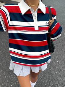 Muchica 女士休闲宽松 Polo 领长袖 T 恤，适合秋冬季，彩色条纹印花 - 彩色 - 查看 6
