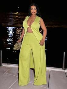 Veslaya New Autumn And Winter Styles 2025 New Women's Plus Size Solid Color/Minimalist/Elegant/Commute Fitted Knit Cardigan And Wide Leg Pants Set, Lime Wide Leg, Suitable For Daily Wear, Outing, Airport, Photo Shoot, Party Two Pieces Pant Set Summer Pant Set 2 Pieces Set