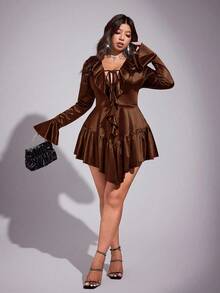 Viva Relle Váy dài tay gợi cảm cổ chữ V sâu xếp nếp cỡ lớn - màu nâu - Xem 3