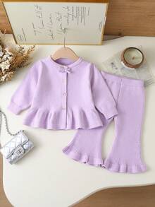 SHEIN Vintaside Kids 2pcs/Set Baby Girls Solid Color Crew Neck Knitted Sweater And Flared Pants Co-Ord Set, Fashionable And Versatile, Suitable For Autumn/Winter, Daily Wear, Outings And School Lilac Blue Toddler Outfit Light Purple Outfits For Babies Lilac Purple Tops For Babies Baby Clothes Purple Knit Two Piece Toddler