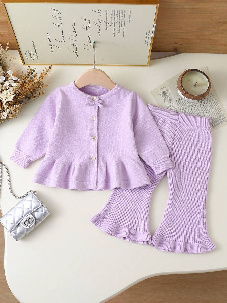SHEIN Vintaside Kids 2pcs/Set Baby Girls Solid Color Crew Neck Knitted Sweater And Flared Pants Co-Ord Set, Fashionable And Versatile, Suitable For Autumn/Winter, Daily Wear, Outings And School Lilac Blue Toddler Outfit Light Purple Outfits For Babies Lilac Purple Tops For Babies Baby Clothes Purple Knit Two Piece Toddler