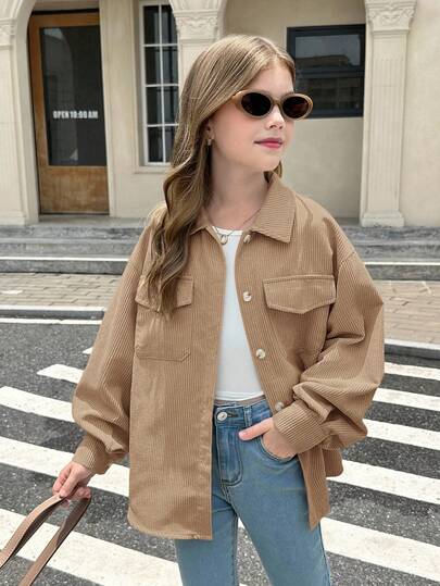 SHEIN 青少年女孩纯驼色灯芯绒翻盖口袋落肩长袖外套，适合秋冬休闲日常穿着