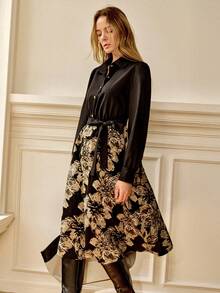 Écloséra Women's Black Floral Elegant Long-Sleeved Shirt Dress,Autumn Work Commuting Waist Printed Versatile Casual Dress For Dinner Afternoon Tea - Black - View 3