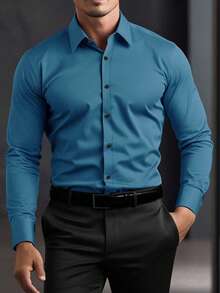 Manfinity Mode 男士休闲纯色长袖衬衫，商务休闲正装衬衫，秋季，复古风