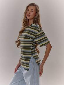 MUSERA 收腰条纹长款侧开衩上衣，可爱休闲，秋季度假性感优雅酷炫街头风基础款，清新女孩机场时尚，优雅春夏假日风。 - 彩色 - 查看 4