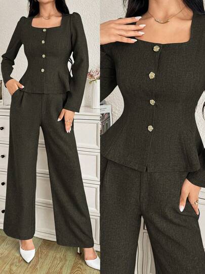 Modelyn 方领玫瑰金金属纽扣衬衫和直腿西装裤休闲套装