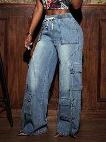Slaydiva 女式休闲做旧抽绳腰部多口袋宽松牛仔裤，秋季 - 藍色 - 查看 3