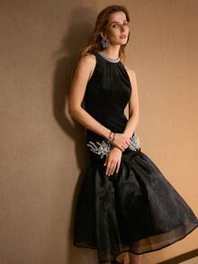 MOTF PREMIUM WOMEN'S VELVET SLEEVELESS PATCHWORK MERMAID HEM CHIC DRESS, AUTUMN/WINTER - Black - View 3