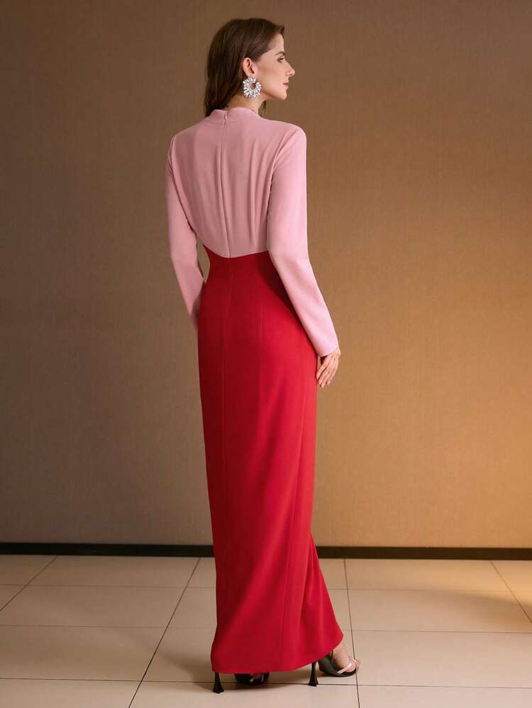 WOMEN'S AUTUMN/WINTER RHINESTONE EMBELLISHED COLORBLOCK DRESS
