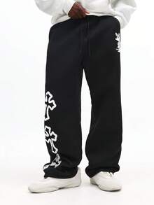 SUMWON Relaxed Fit Sweatpants With Cross Logo Graphics For Casual Everyday Comfort And Style - Black - View 6