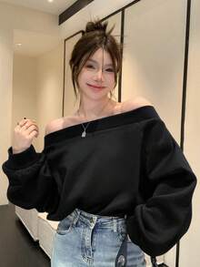 DAZY Women's Casual Off-Shoulder Loose Sweatshirt, Solid Color Basic Top With Thermal Lined, Long Sleeve, Suitable For Autumn And Winter - Black - View 3