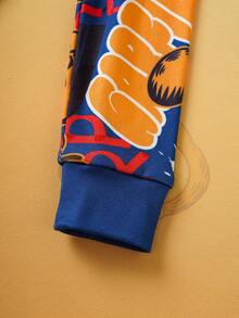 GARFIELD | SHEIN 青少年男孩涂鸦英文图案印花弹力圆领贴身运动衫和裤子睡衣套装，秋冬 - 藍色 - 查看 5