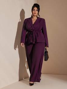 SHEIN BAE Conjunto de traje casual y elegante de manga larga con cruce envolvente para mujer de talla grande