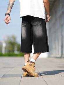 Manfinity EMRG 男士宽松休闲牛仔短裤，带口袋和磨损下摆，超大长短裤，纯黑色派对街头服饰，说唱歌手休闲裤，外出聚会，城市度假，emo 风格