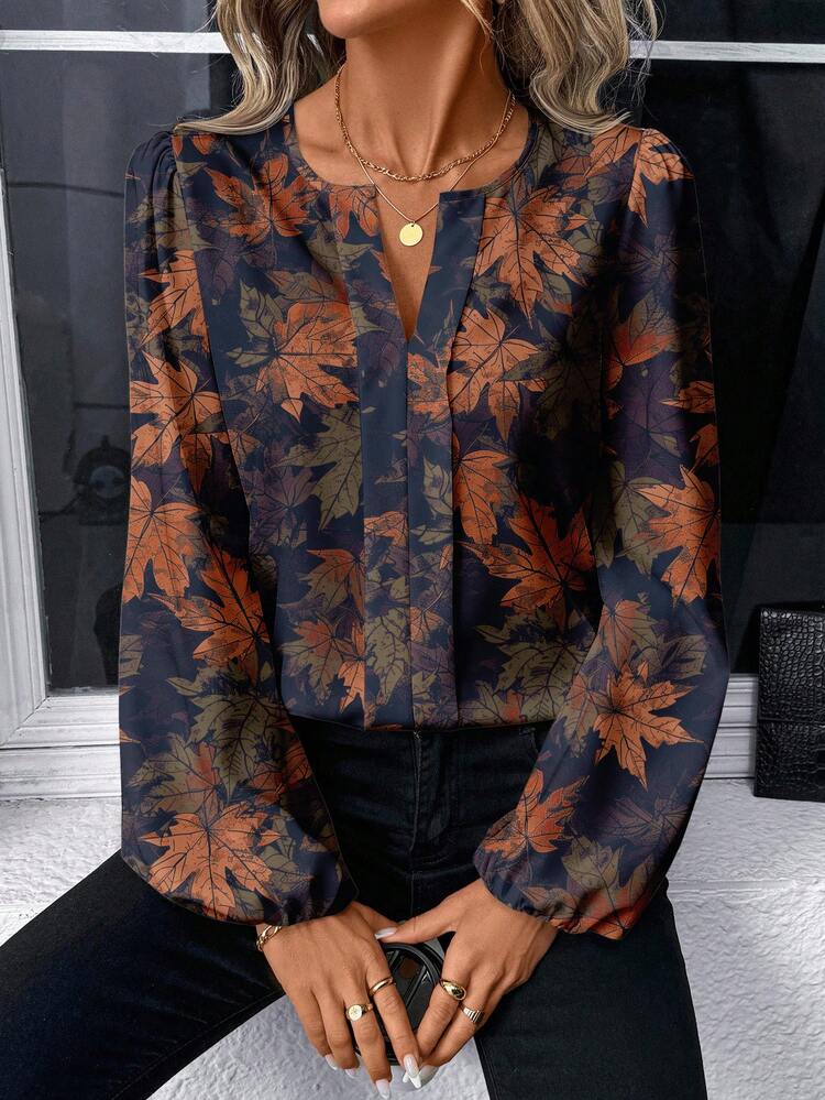 EMERY ROSE Women's Casual Maple Leaf Print Shirt, Suitable For Autumn/Winter Lantern Sleeve Blouse - Multicolor - View 5