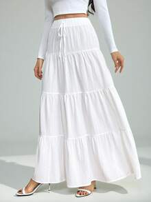 SHEIN Tall Women's Casual Vacation Multi-Layer Cake Skirt, Versatile Casual Elegant For Everyday, Holidays, And Dates Vacation Modest White Skirt - White - View 5