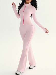 Dewbera بدلة رياضية للنساء لفصول الخريف/الشتاء/الربيع، تتكون من: جاكيت بسحاب كامل بأكمام طويلة ضيق مع فتحة للإبهام وشريط تباين، مقترنة بسروال ضيق بخصر عالي وتصميم لوحات تباين اللون. مناسبة للارتداء اليومي العادي، الجري، اليوغا، الجيم، التنس، إلخ. - وردي - مشاهدة 5