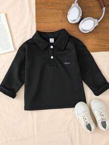 Genkimix Kids 小男孩休闲学院风翻领长袖T恤，单品，秋冬 - 黑色 - 查看 8