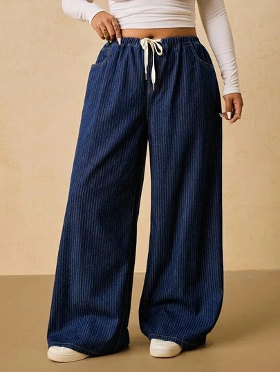 SHEIN Tall CURVE Plus Size Fall Autumn Winter Halloween Christmas New Year Thanksgiving Commuting Vacation Y2k Cute Streetwear Birthday Airport Party Casual Washed Striped Wide Leg Blue Jeans Comfortable Dark Wash Pinstripe Loose Fit Wide Leg Denim Pants For Women Elastic Waist Drawstring Trousers