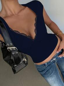INAWLY Kaos Wanita Polos Model Sweetheart Neck dengan Hiasan Renda dan Lengan Pendek, Potongan Pas Badan, Seksi - Royal Blue - View 3