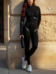 Innovista Women's Solid Color Long Sleeve Top And Pants Slim Fit Cycling Outfit Workout F/W Athletic Wear, Utilitarian Chic - Black - View 8