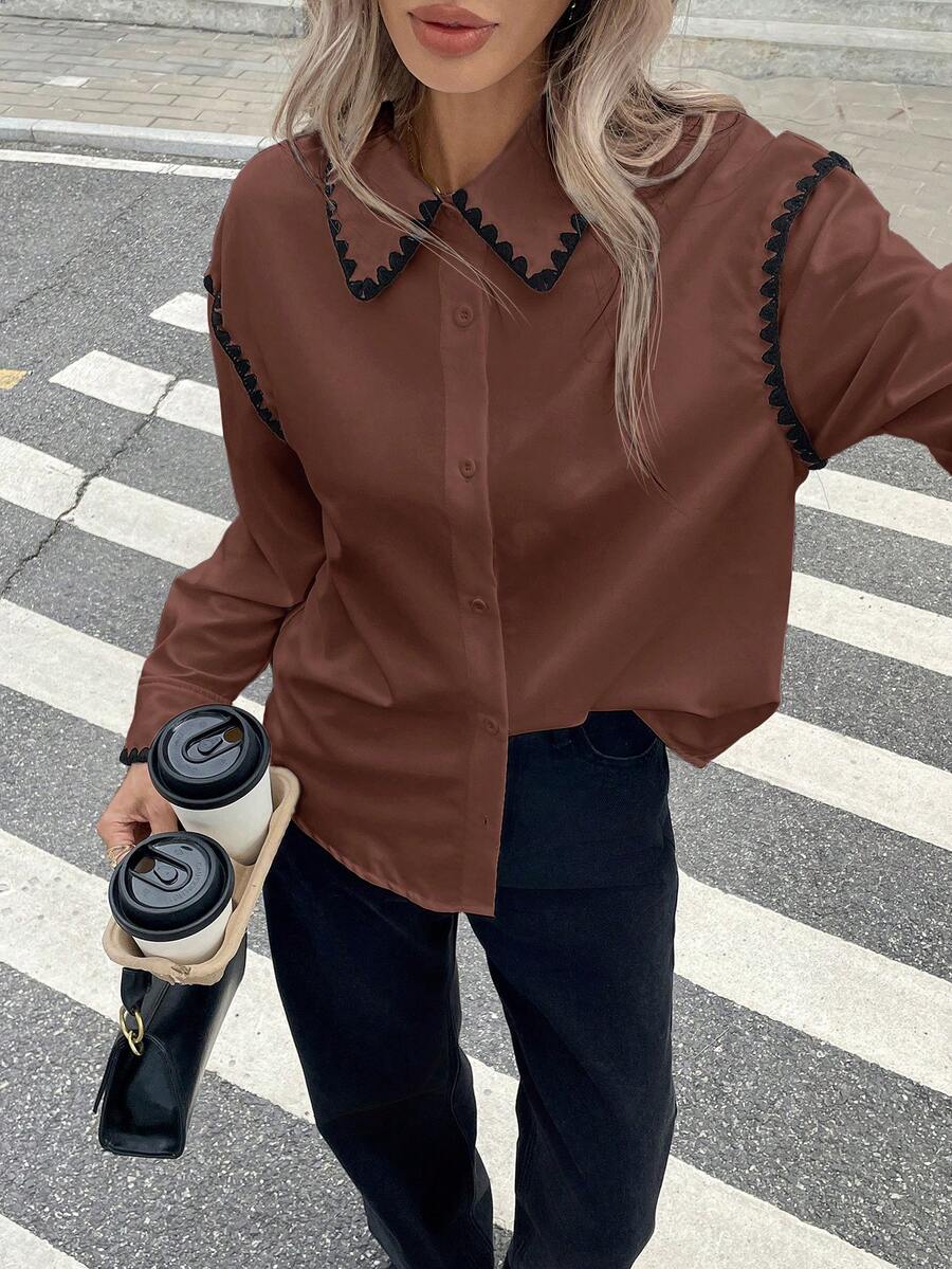 Serisse Áo sơ mi dài tay tối giản màu tương phản dành cho nữ - màu nâu - Xem 1