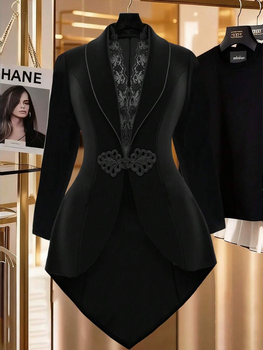 Elenzga Áo khoác dài tay cổ ren tương phản cỡ lớn cho nữ thanh lịch - màu đen - Xem 1