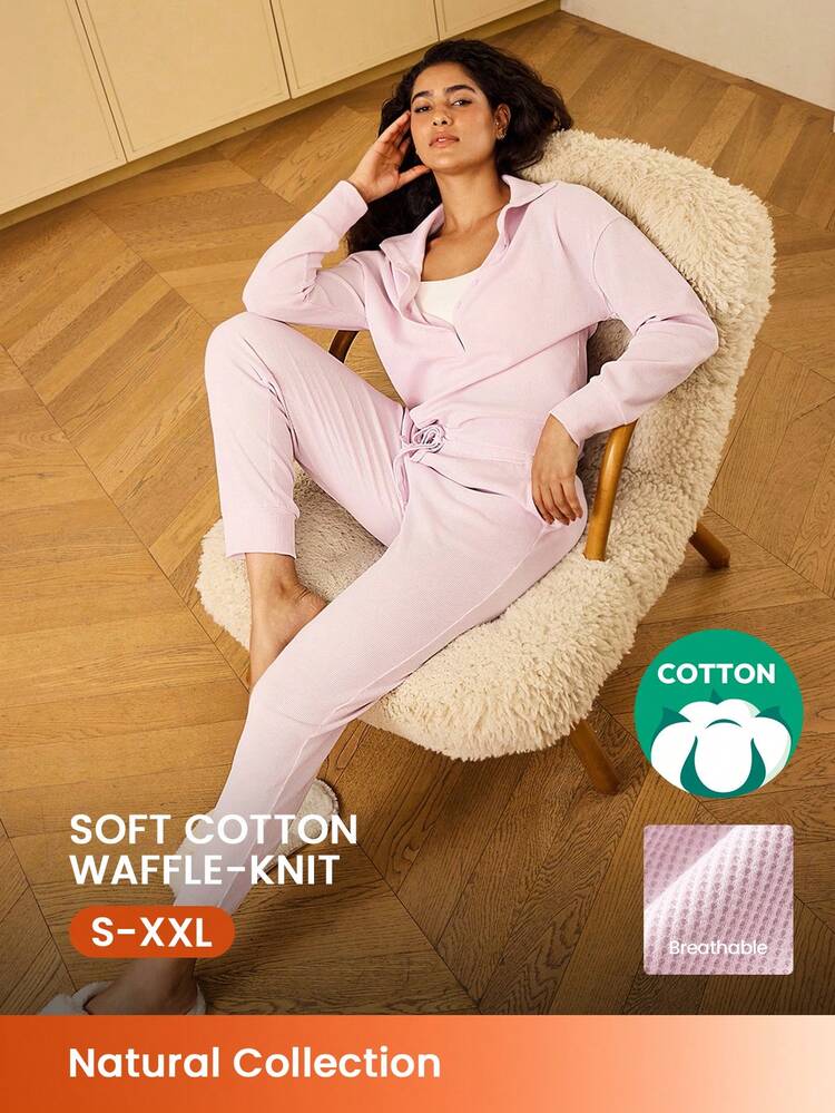 女性用ソフトコットンワッフル素材 ベーシック ロングスリーブ ボタンアップ & ロングパンツ ルームウェア 2点セット ポケット付き リネリー 秋パジャマ レディース ルームウェアセット